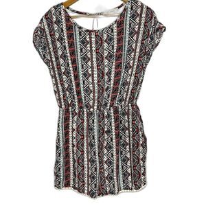 Mi Ami Geometric Floral Romper Womens L Crochet Hem Elastic Waist Tribal Boho